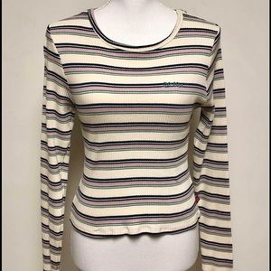 NEW DICKIES striped ribbed long sleeve fitted embroidered shirt crop top shirt